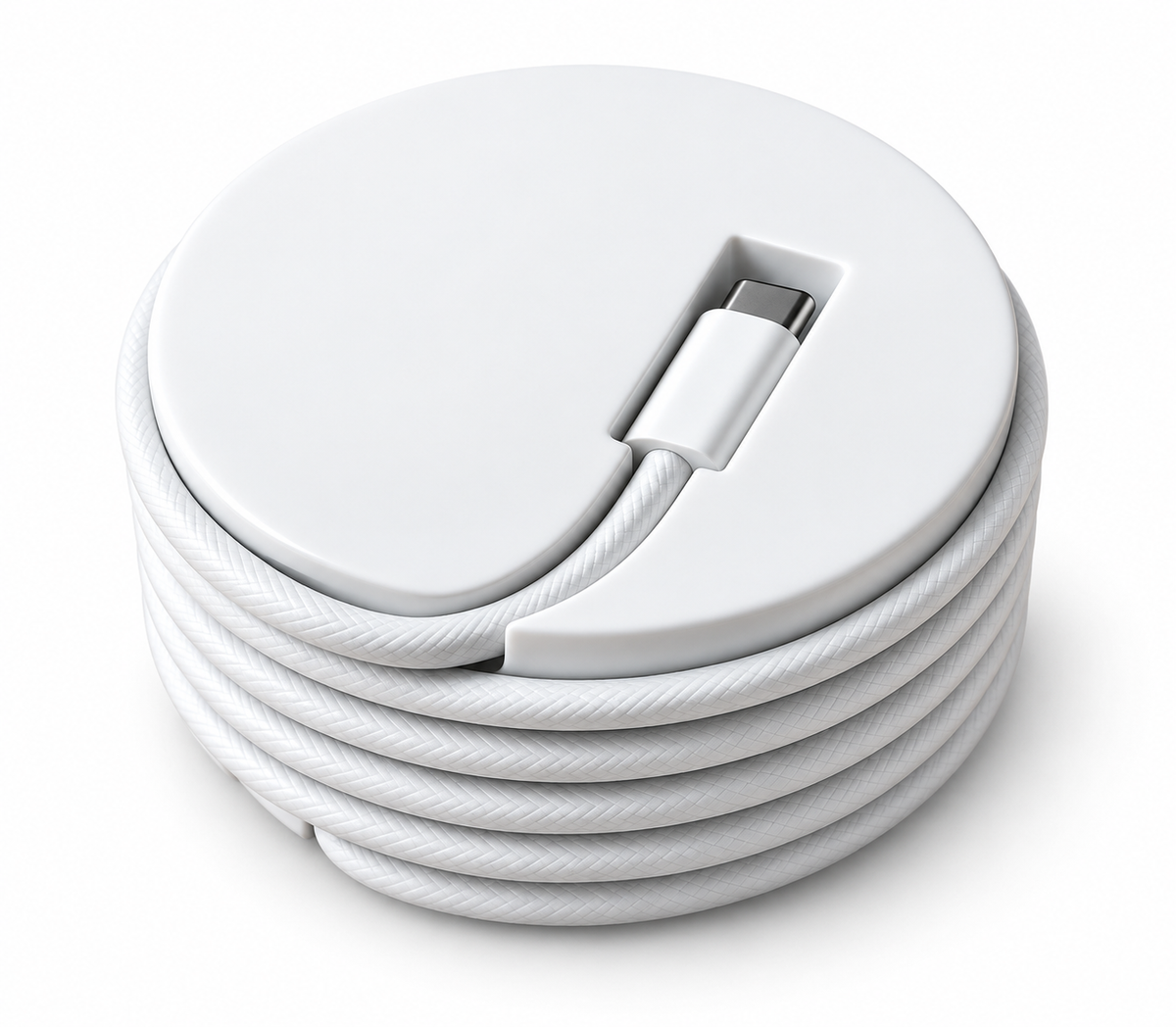 White 3D-printed cable winder with 1 meter USB-C to USB-C cable